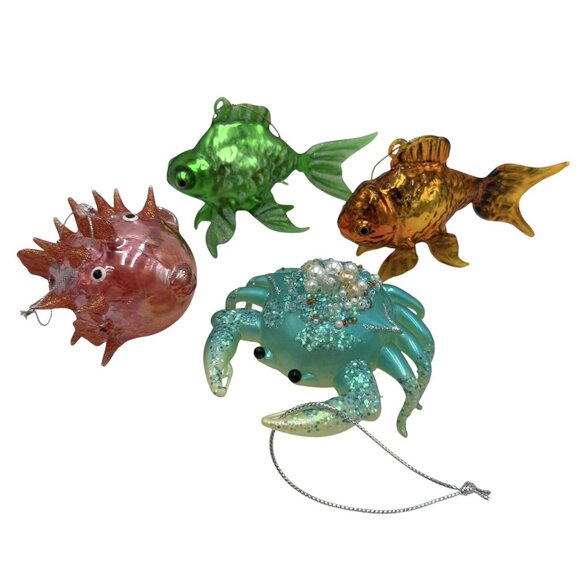 4 Glass Crab Koi Fish Pufferfish Ocean Seaside Coastal Tropical Ornament Lot - Picture 1 of 10